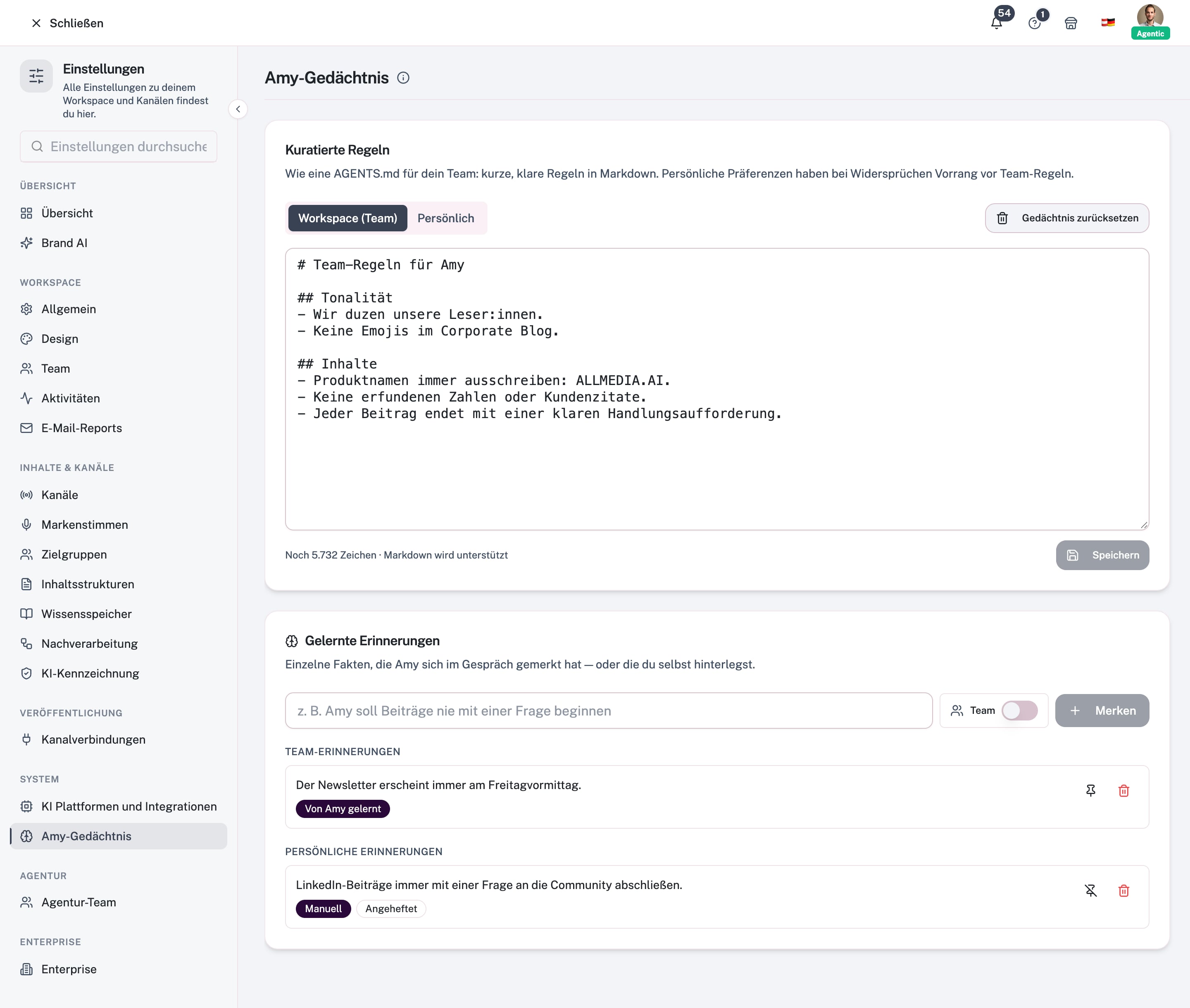 Siden Amy Memory med fanerne Workspace (team) og Personlig samt listen Lærte erindringer