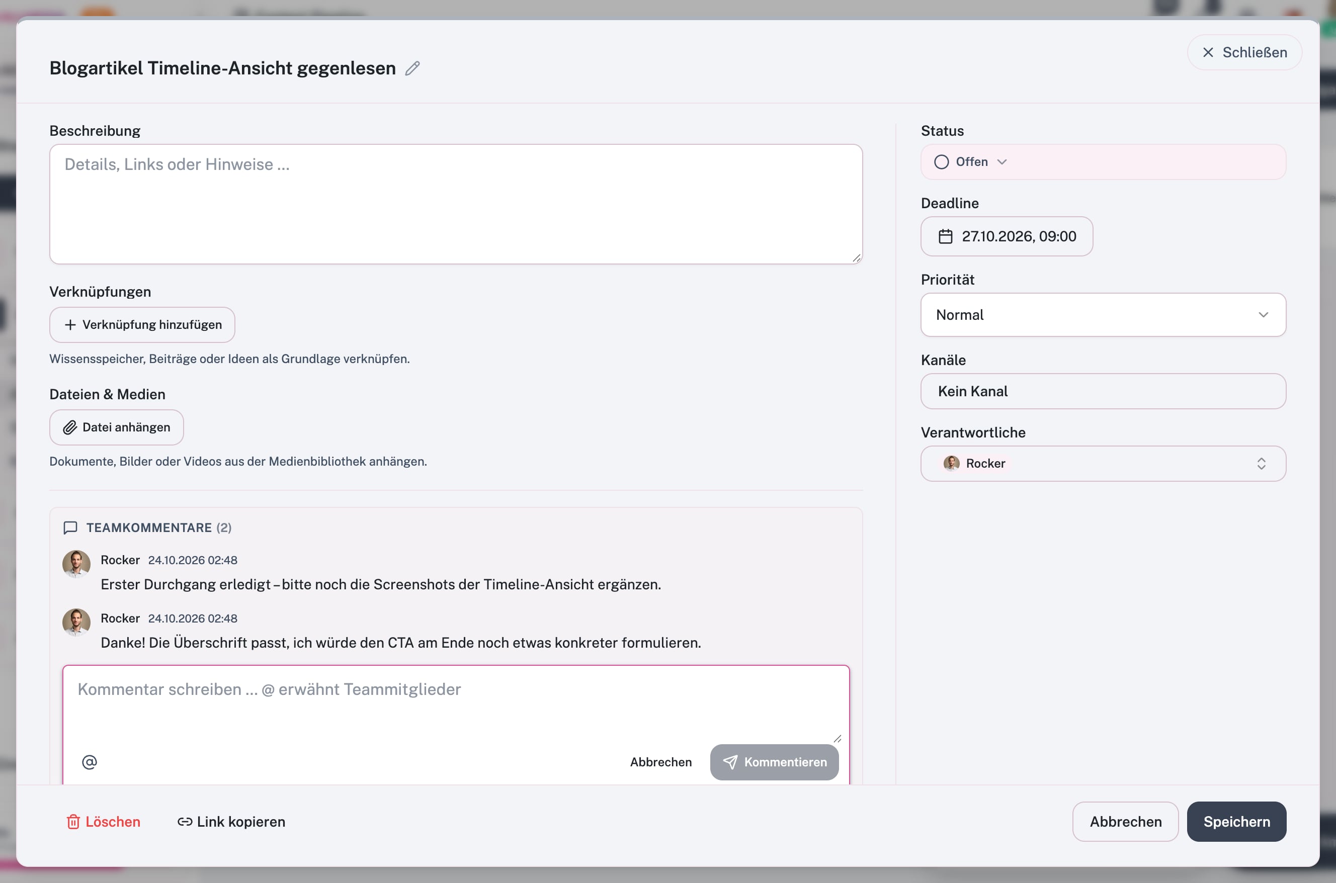 Taak met geopende teamreacties en @-vermelding
