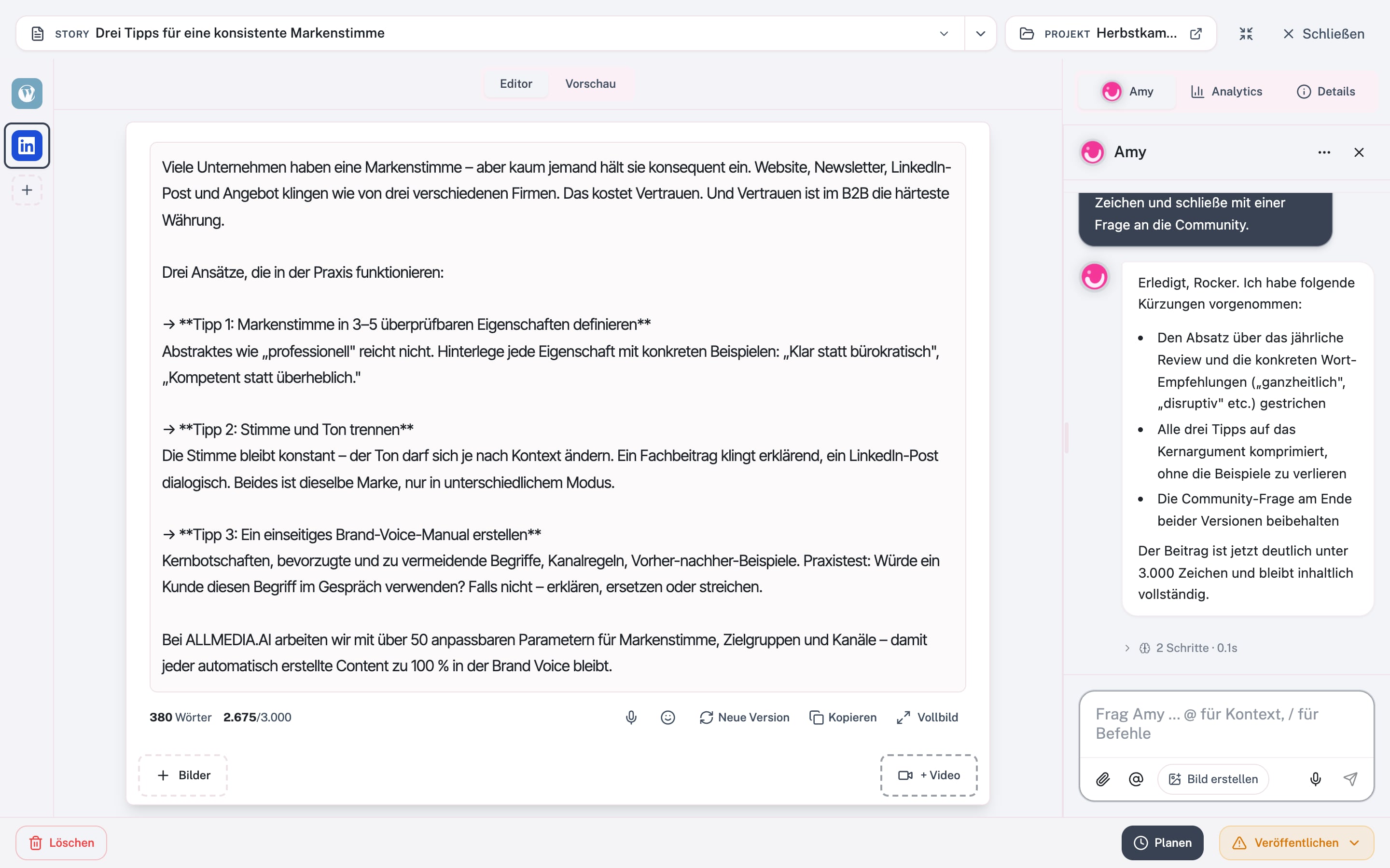Otevřený příspěvek s textovým editorem vlevo a kartou Amy vpravo