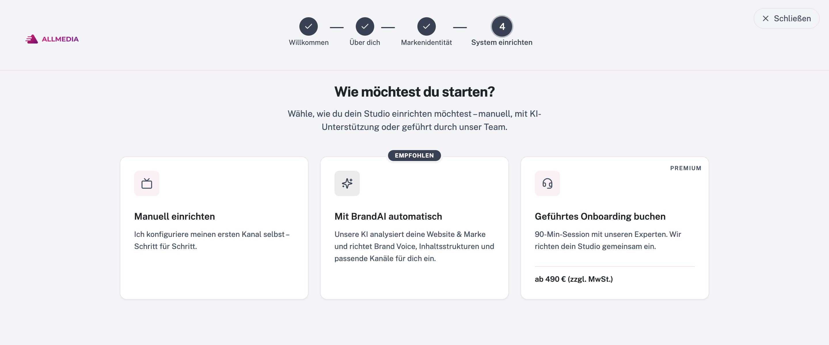 Førstegangsopsætning med spørgsmålet »How would you like to start?« og valgmulighederne Set up manually, Automatic with BrandAI og Book guided onboarding