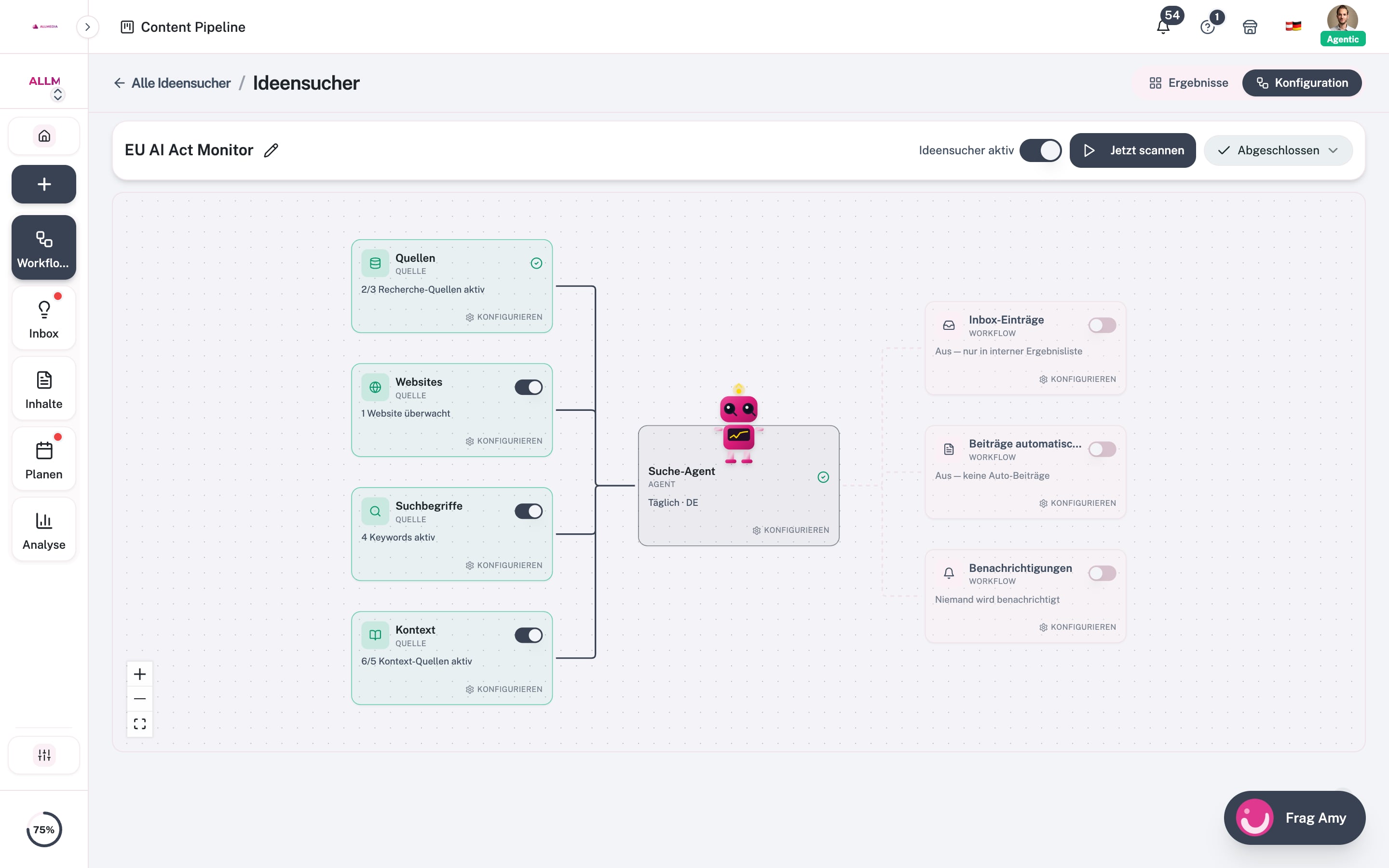 Idea Scout na kartě Konfigurace s bloky Zdroje, Weby, Klíčová slova, Kontext a Vyhledávací agent