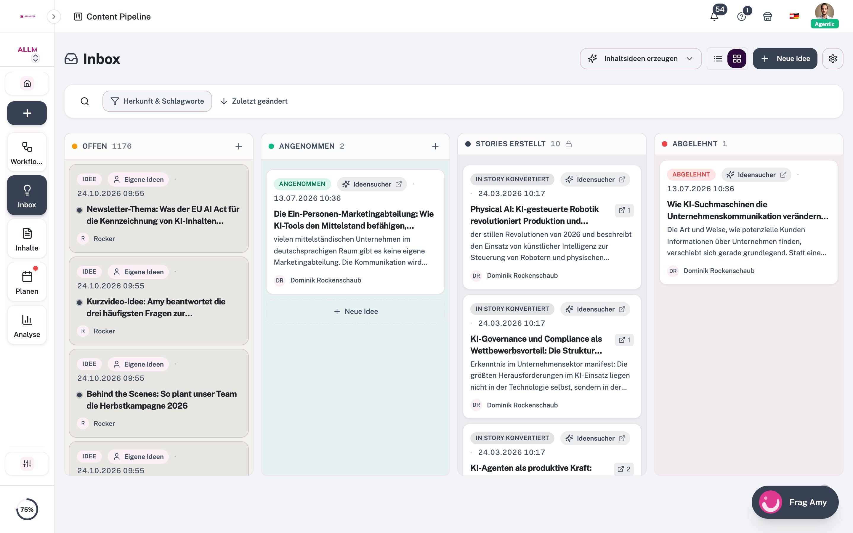 Indbakken i kanban-oversigten med kolonnerne Åben, Accepteret, Stories oprettet og Afvist