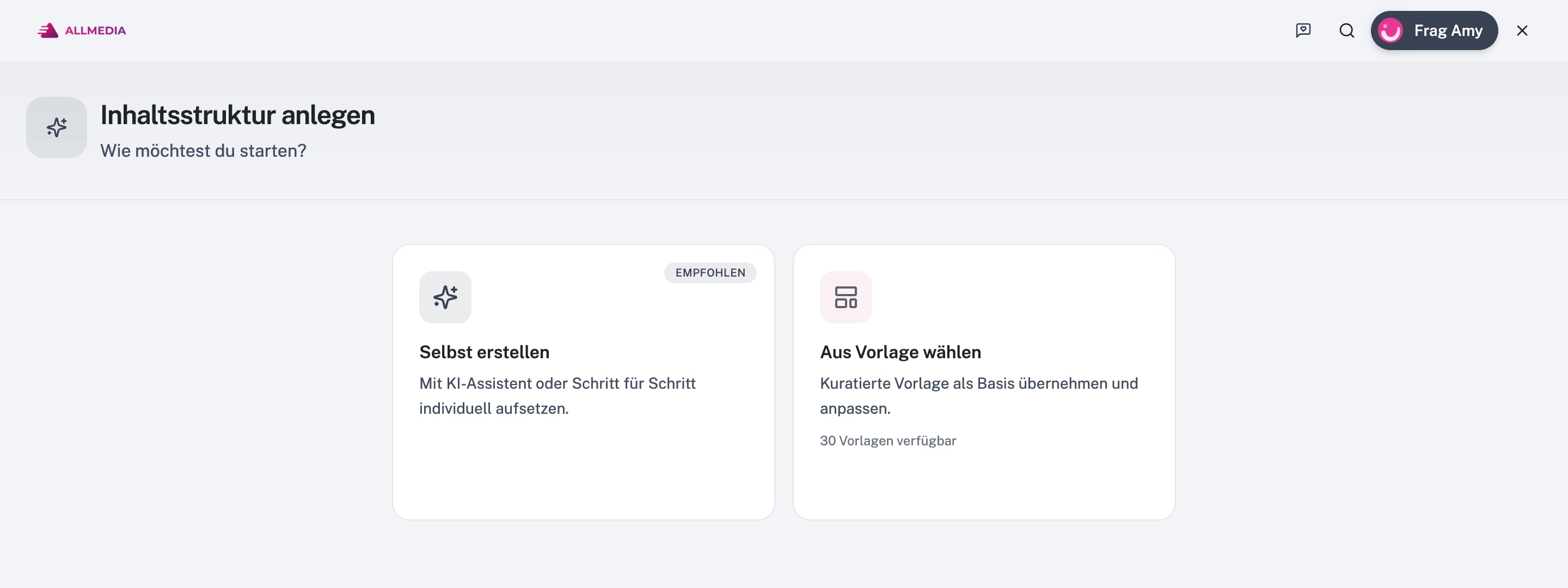 Vista a pantalla completa «Crear estructura de contenido» con las opciones «Elegir de plantilla» y «Crear tú mismo»