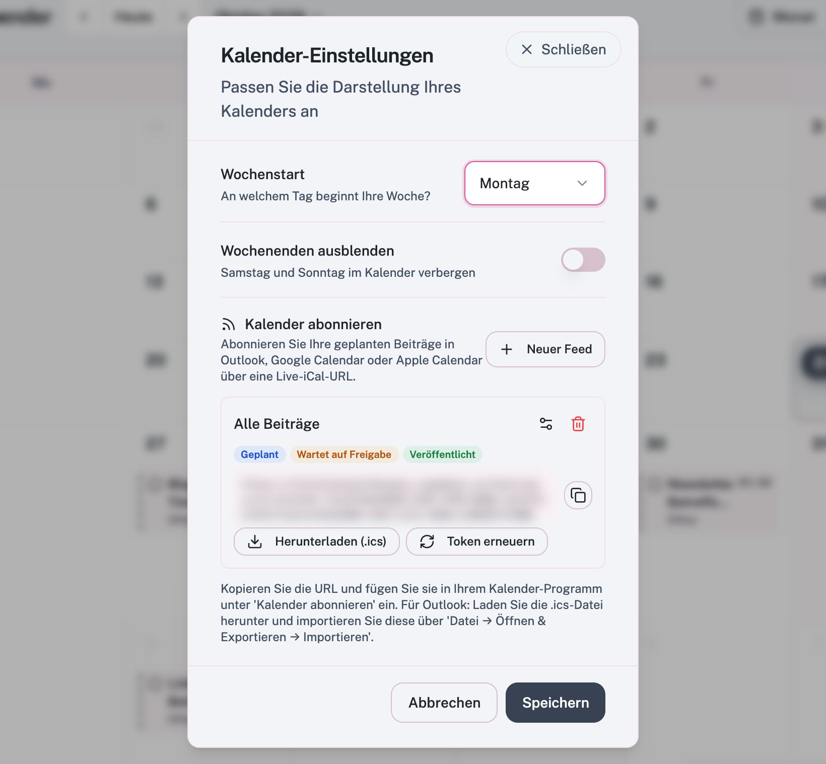 Kalenderindstillinger med iCal-feed