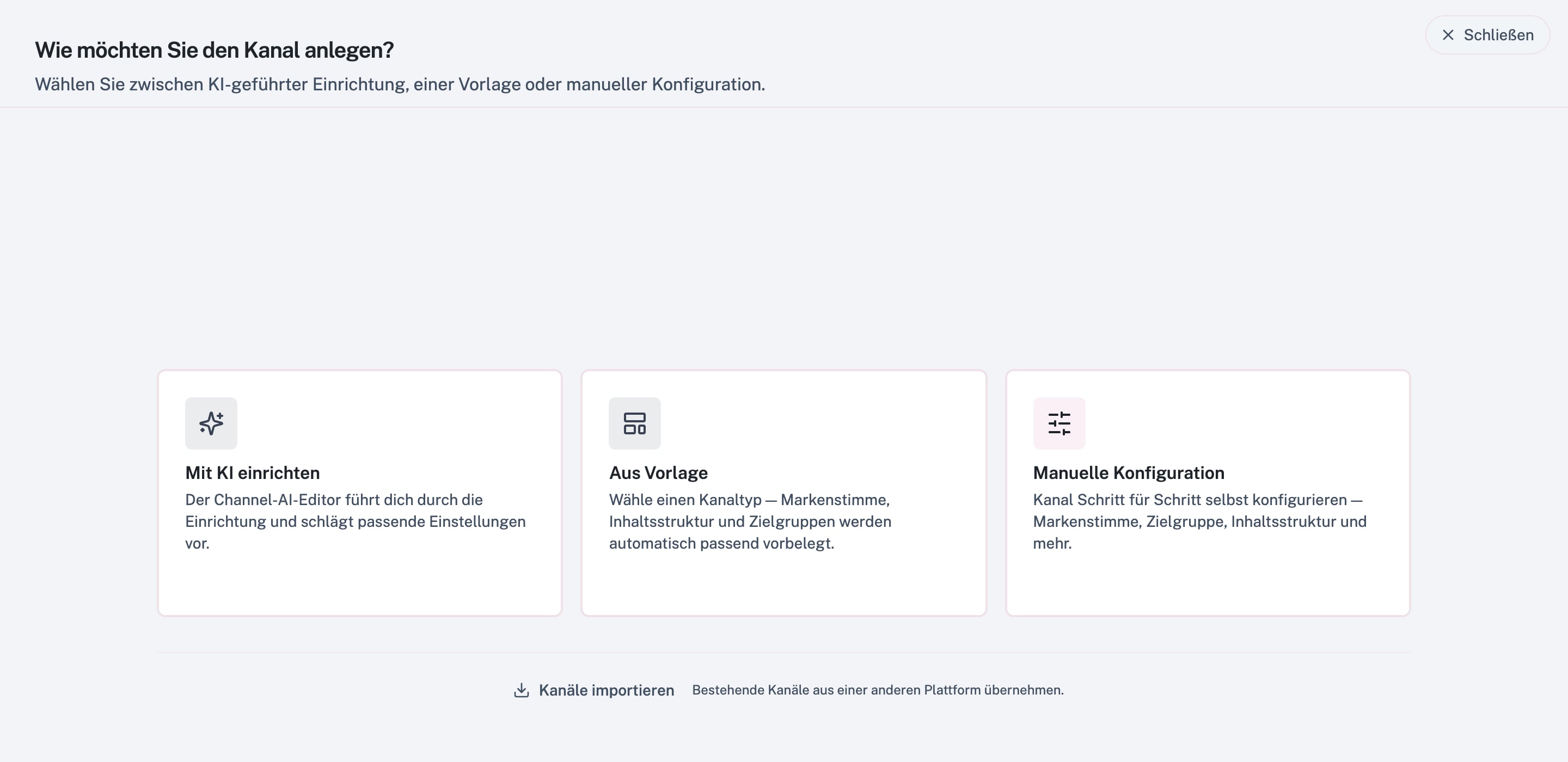 Vue plein écran « Comment souhaites-tu créer le canal ? » avec les options Configurer avec l'IA, À partir d'un modèle et Configuration manuelle