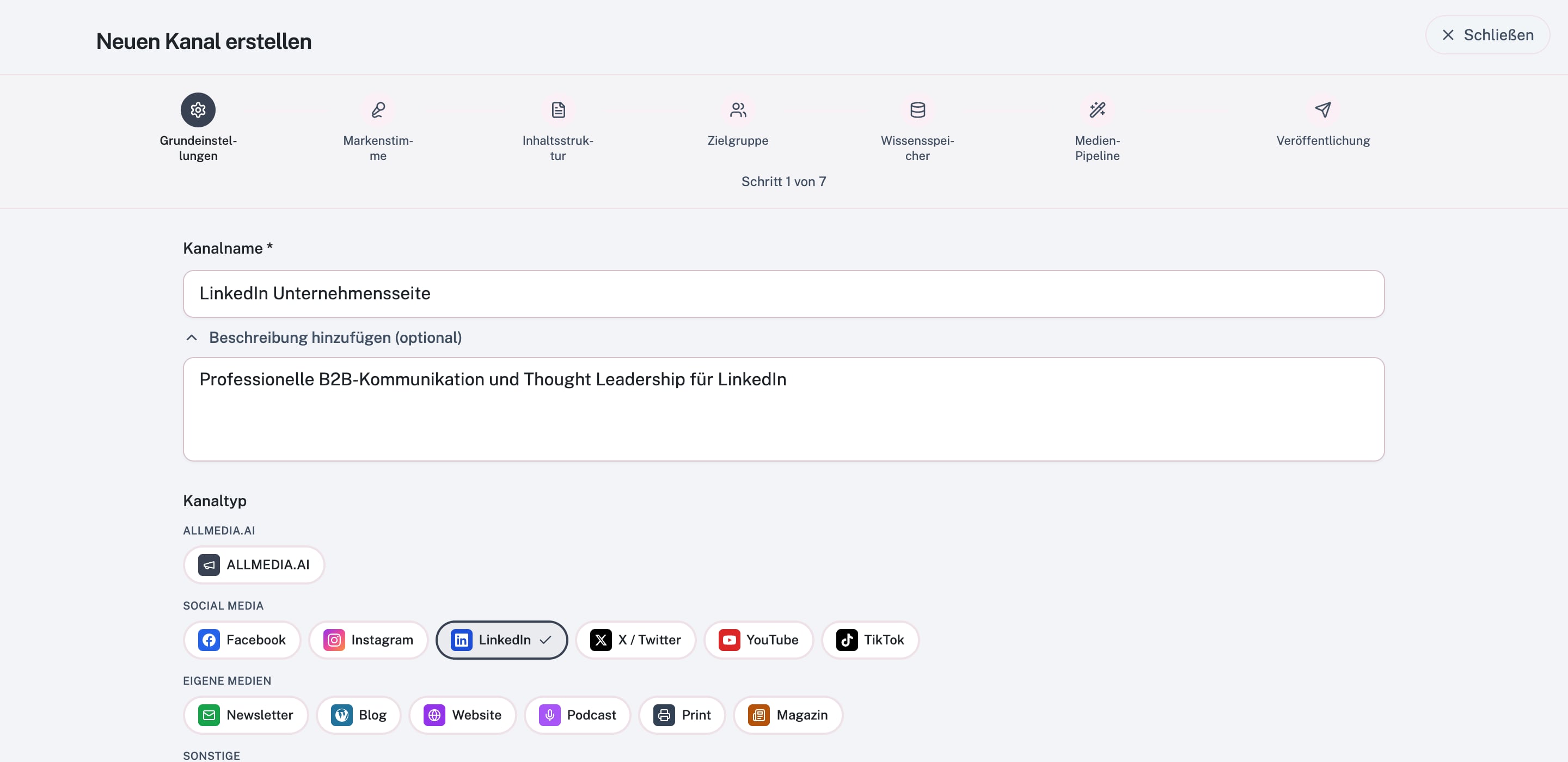 Assistant « Create new channel » à l'étape Basic Settings