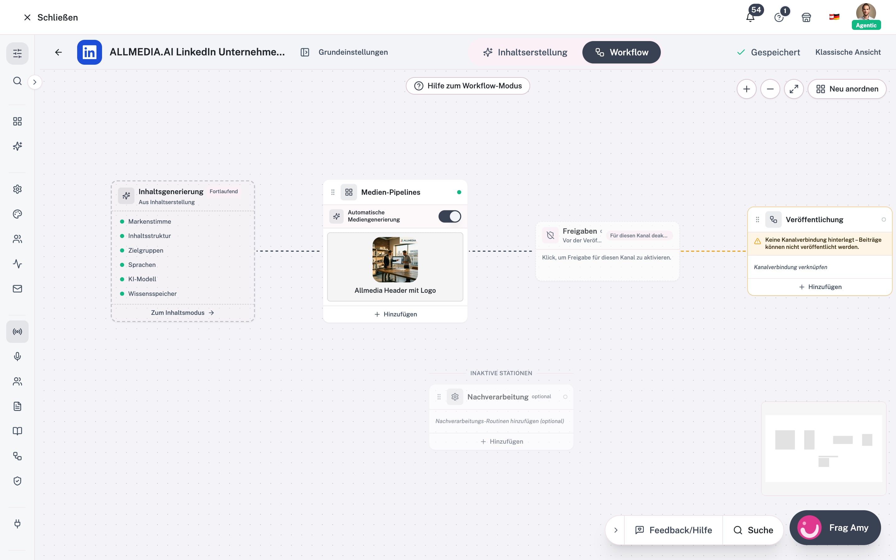Blocco Pipeline media nella modalità Workflow del canvas del canale