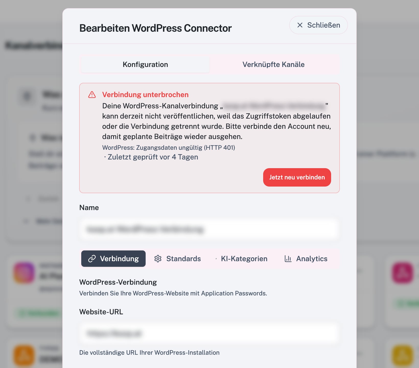Redigeringsdialog for en kanalforbindelse med meddelelsen Forbindelse afbrudt og knappen Tilslut igen nu