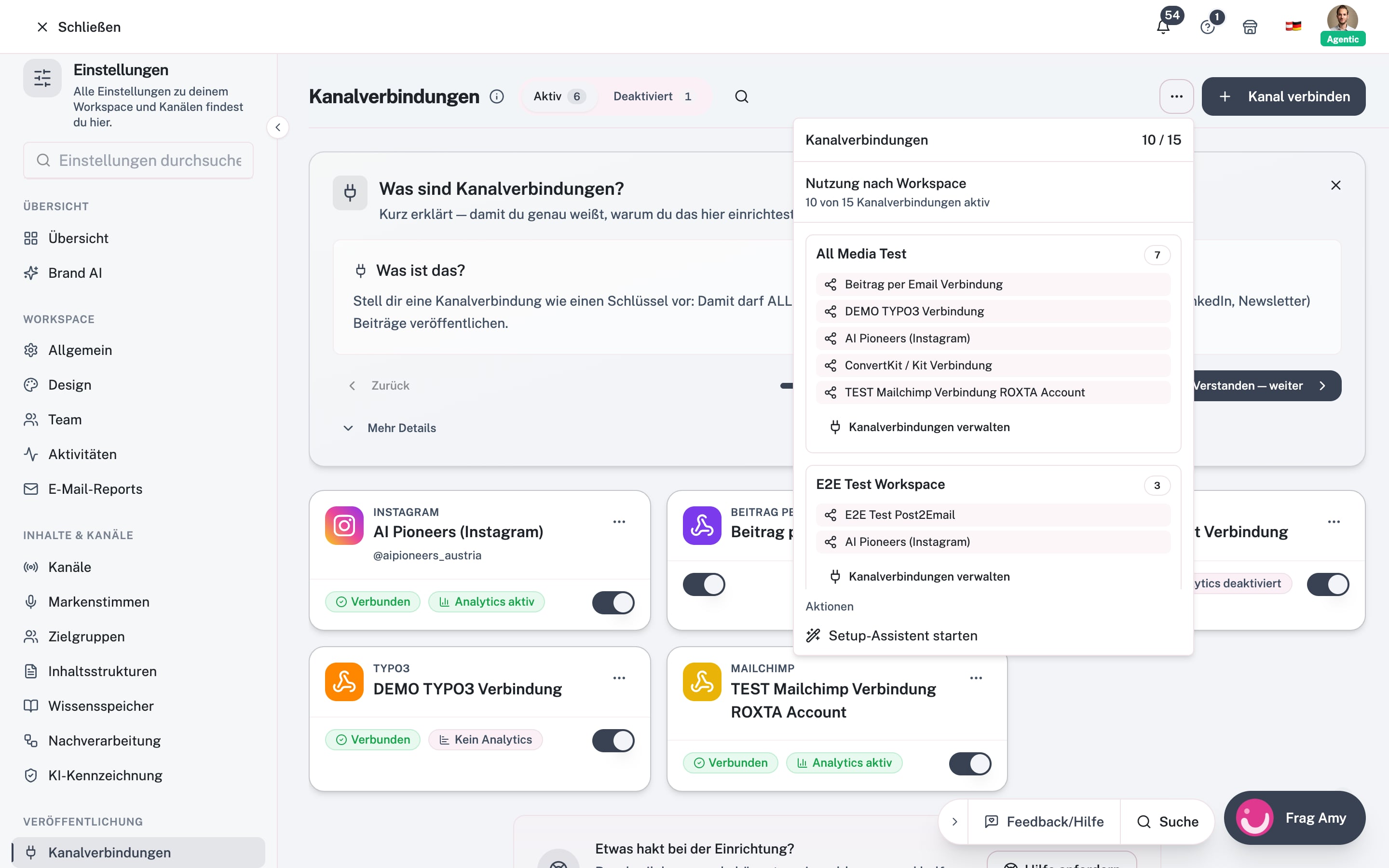 Siden Kanalforbindelser med visning af de optagne forbindelser