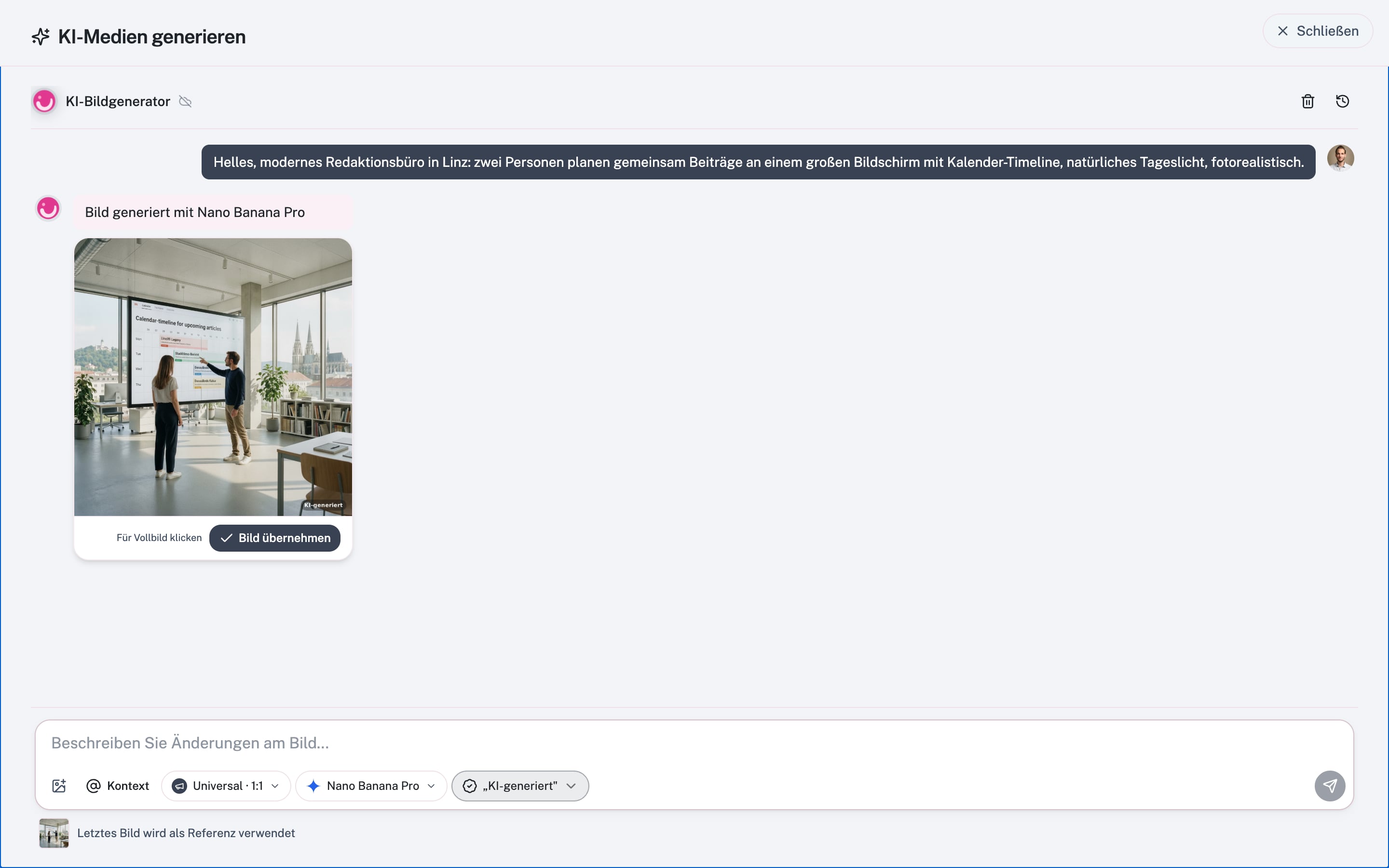 AI image generator with chat history, model selection and format choice