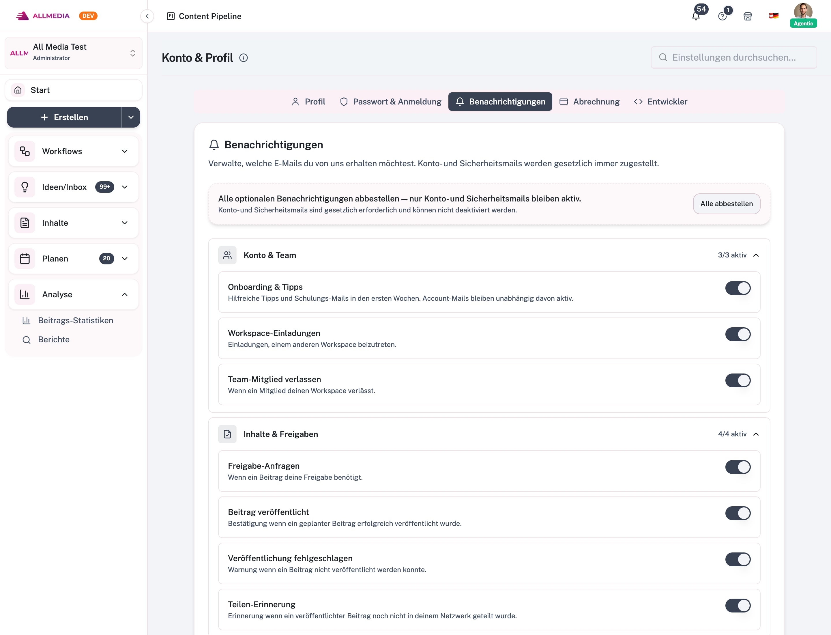 Fanen Notifikationer med grupper og kontakter pr. e-mailtype