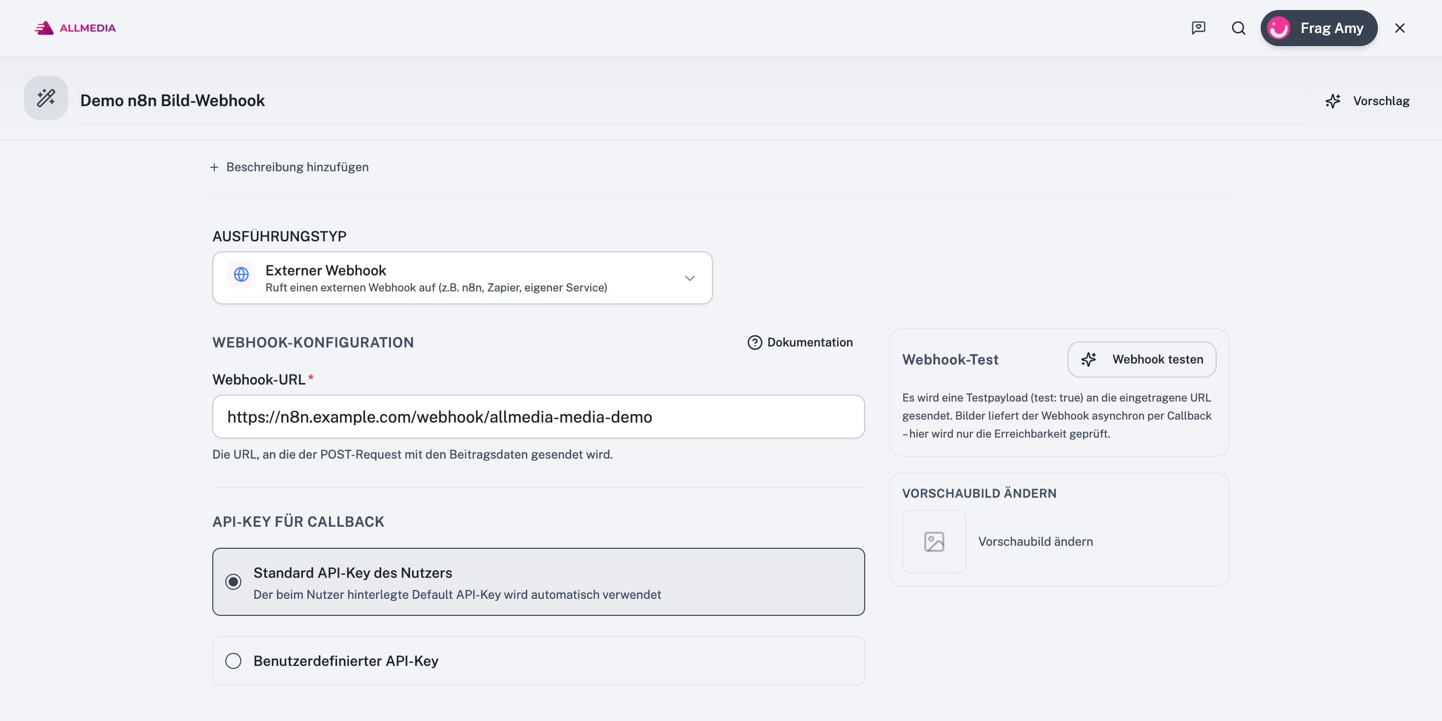 Uređivač pipelinea s vrstom izvršavanja External Webhook, URL-om webhooka i API ključem za callback