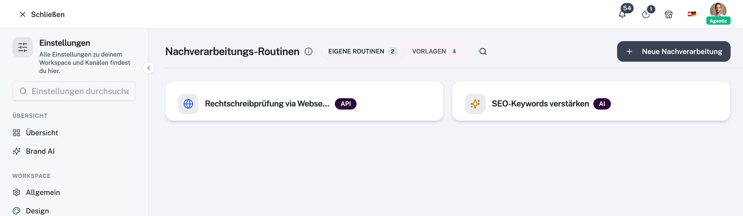 Siden Efterbehandlingsrutiner med egne rutiner og skabeloner