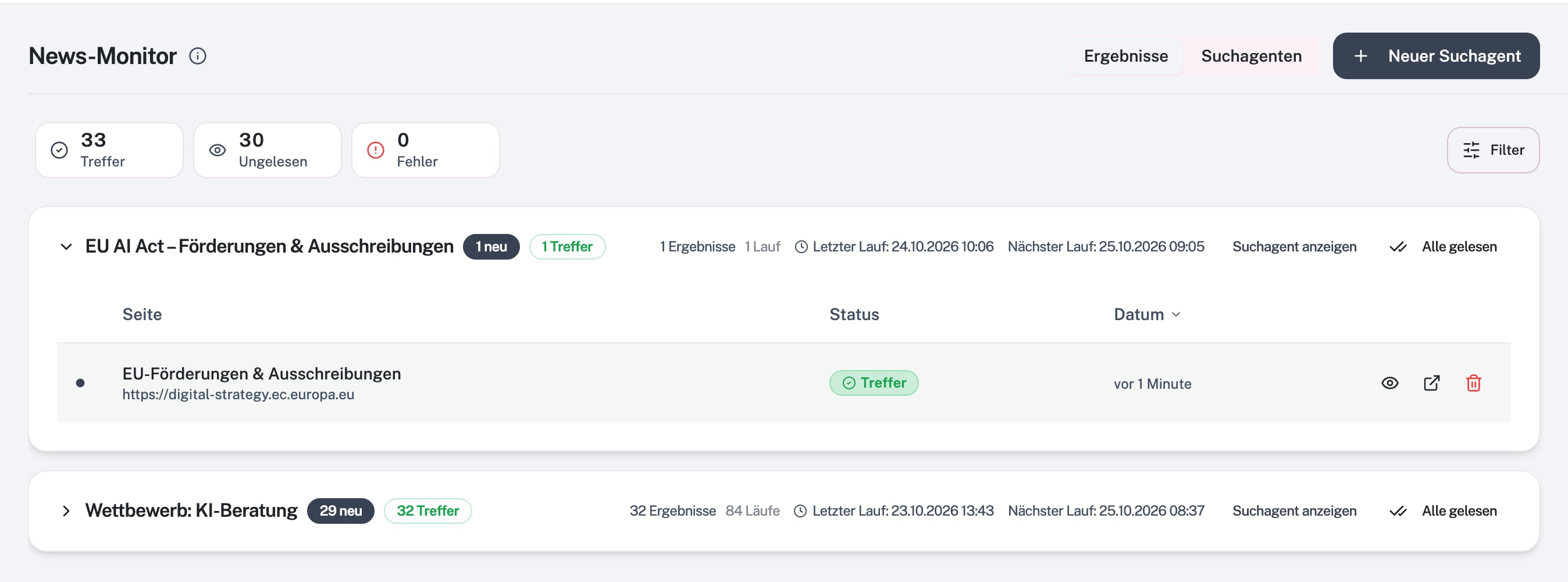 Nyhedsmonitoren i visningen Results med fund grupperet efter søgeagent og nøgletalsfelterne Match, Ulæste og Fejl