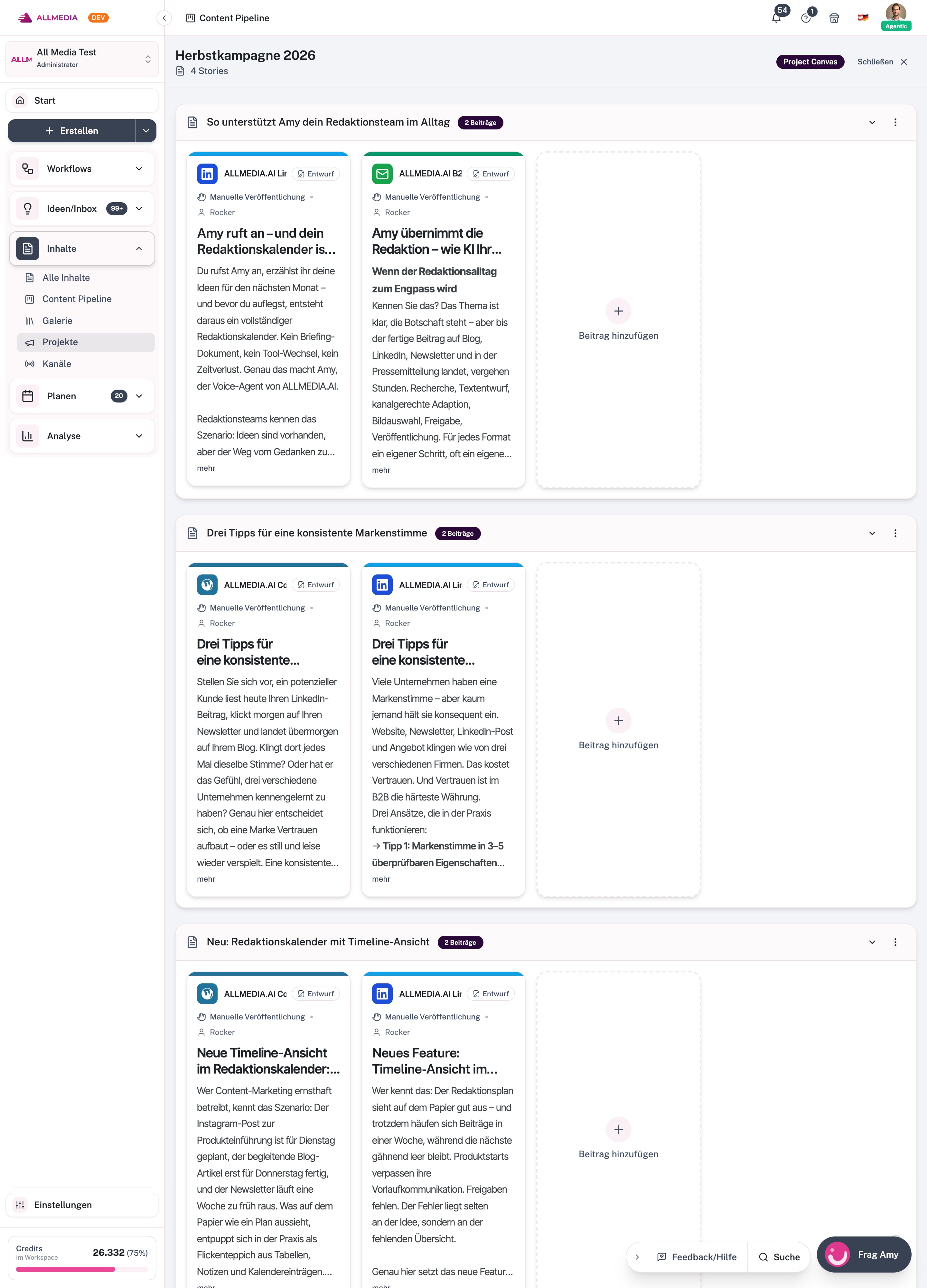 Plátno projektu s jedním řádkem pro každý příběh a jeho příspěvky