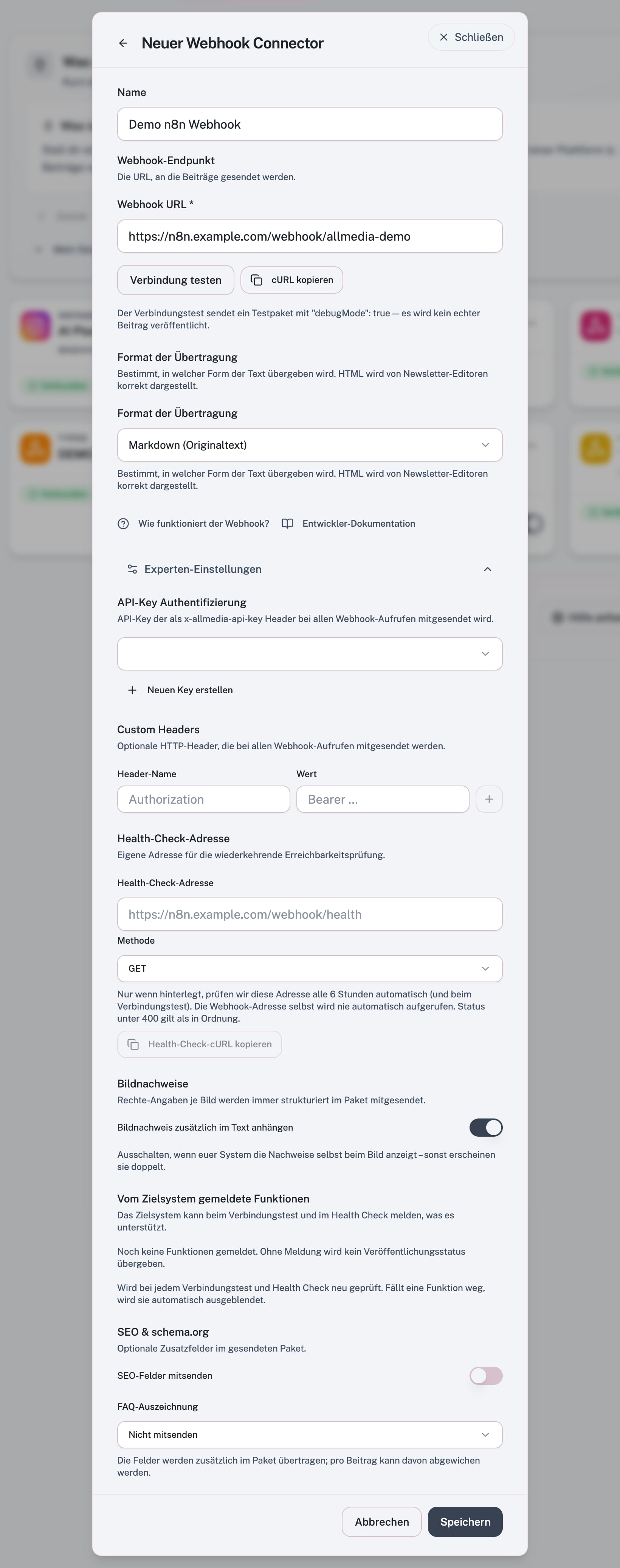 Konfiguracija webhook veze kanala s Webhook Endpoint, Expert Settings i API Key Authentication