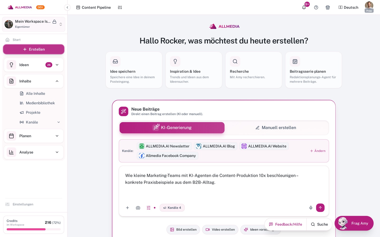 ALLMEDIA: Neuen Beitrag mit KI erstellen und Kanäle auswählen