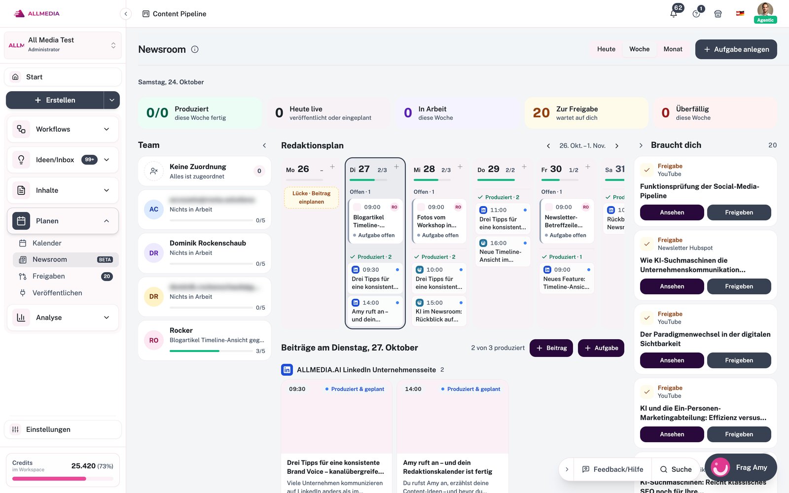 CvD-Cockpit in der App: KPI-Leiste, Team mit Auslastung, Redaktionsplan der Woche, „Braucht dich“ mit Freigaben und Beiträge des Tages