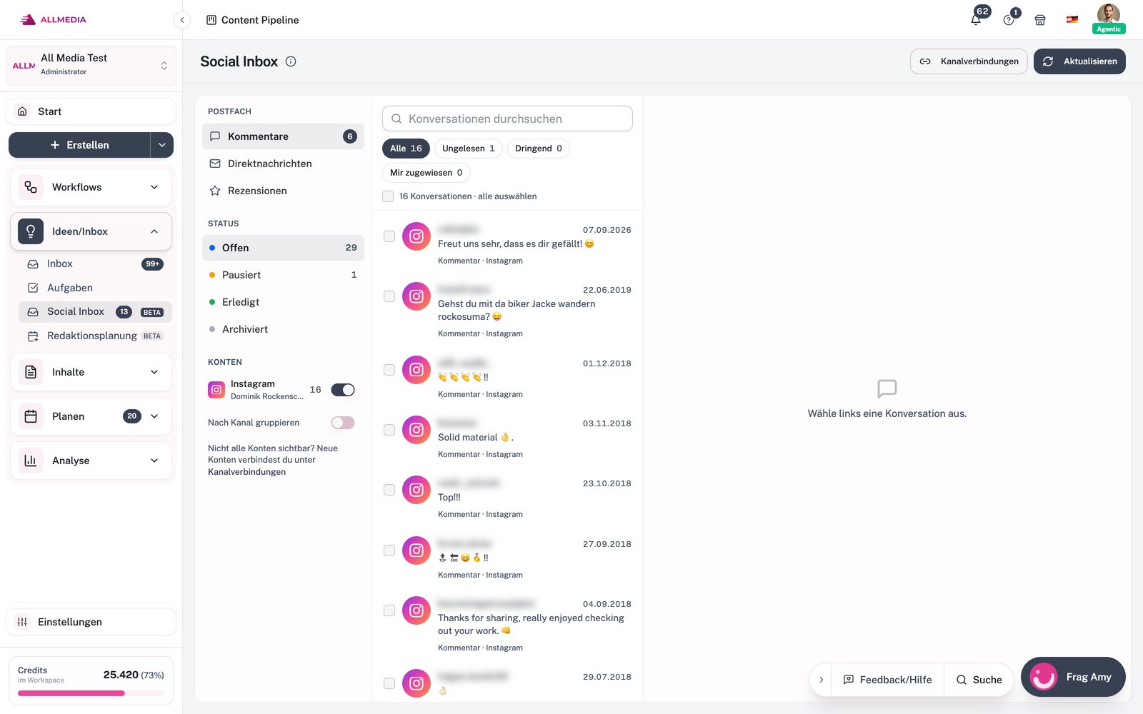 Social Inbox in der App: Postfach mit Kommentaren, Direktnachrichten und Rezensionen, Status, Konten und Konversationsliste