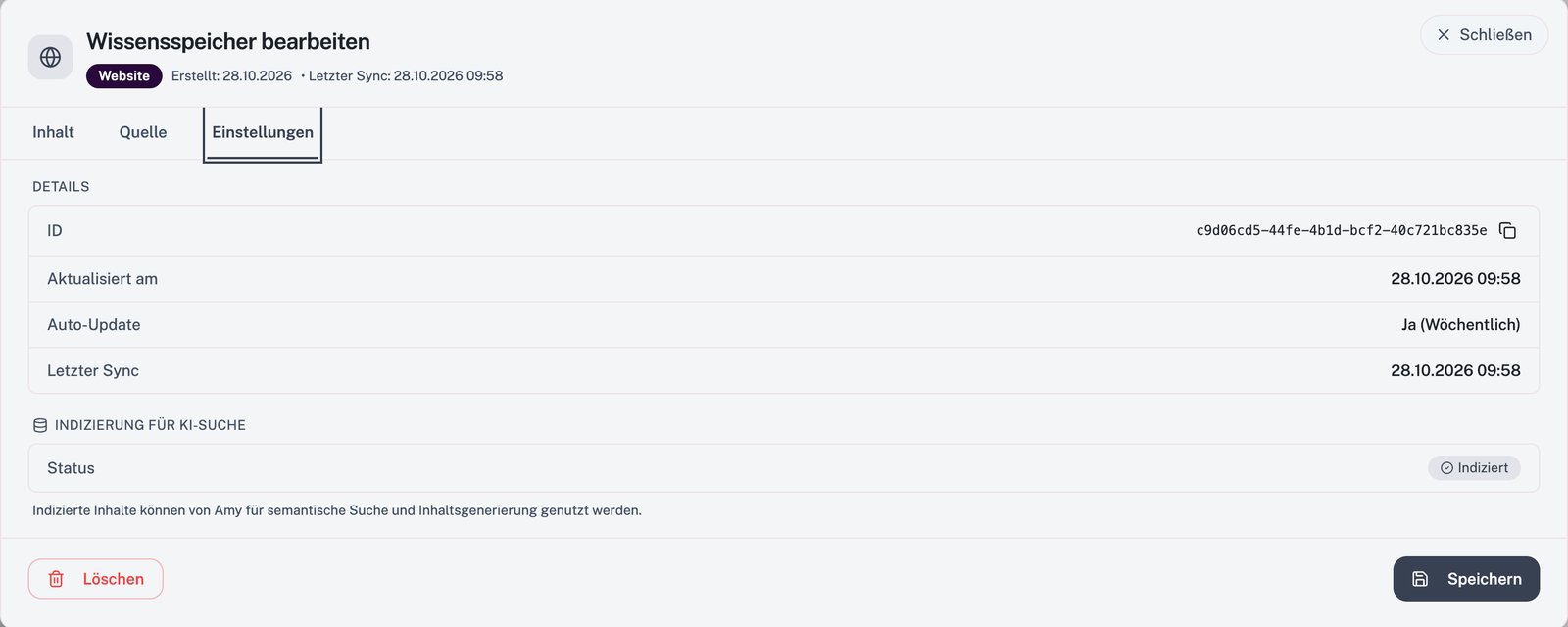 Wissensspeicher bearbeiten, Tab Einstellungen: Details mit Auto-Update und letztem Sync sowie „Indizierung für KI-Suche“ mit dem Status Indiziert