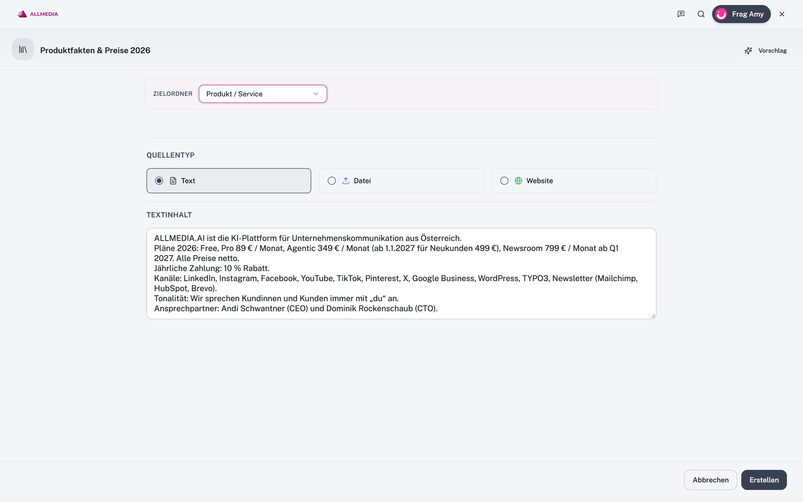 Neuer Wissensspeicher in der App: Zielordner „Produkt / Service“, Quellentyp Text, Datei oder Website und Feld für den Textinhalt