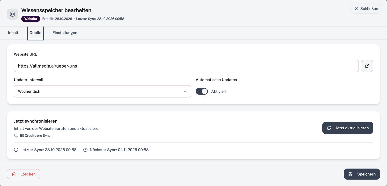 Website-Wissensspeicher bearbeiten, Tab Quelle: Website-URL, Update-Intervall Wöchentlich, Automatische Updates aktiviert, „Jetzt aktualisieren“ sowie letzter und nächster Sync